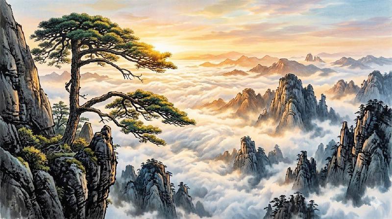 黄山云海迎客松
