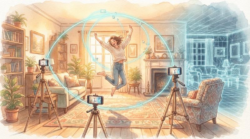新视角预测:三脚架上的手机环绕凝固的场景,数字世界从照片中重建生长