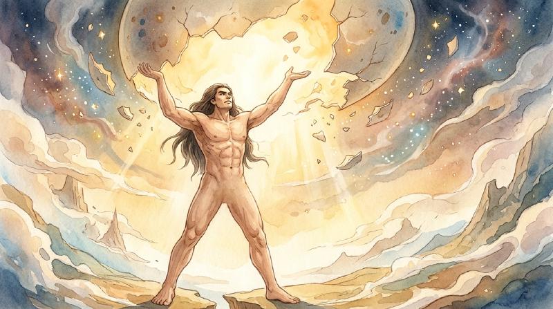 盘古头顶天、脚踏地,在混沌初开的光芒中站成一根撑天巨柱