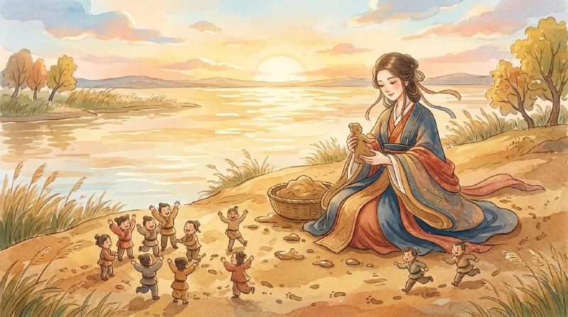 女娲在黄河边捏泥人,一群小泥人已活蹦乱跳地围着她欢笑