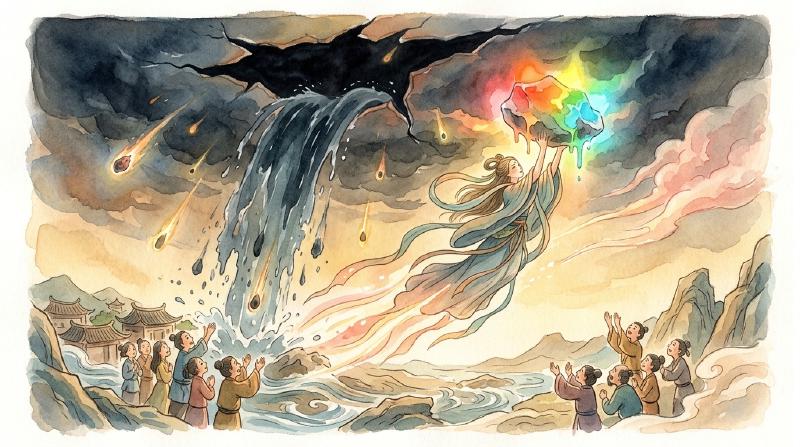 女娲手托熔炼好的五彩神石飞向天裂处,霞光照亮半边天