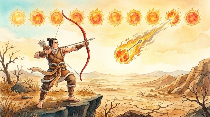 后羿拉开红色神弓射向天上十个太阳,一个太阳正燃烧着坠落