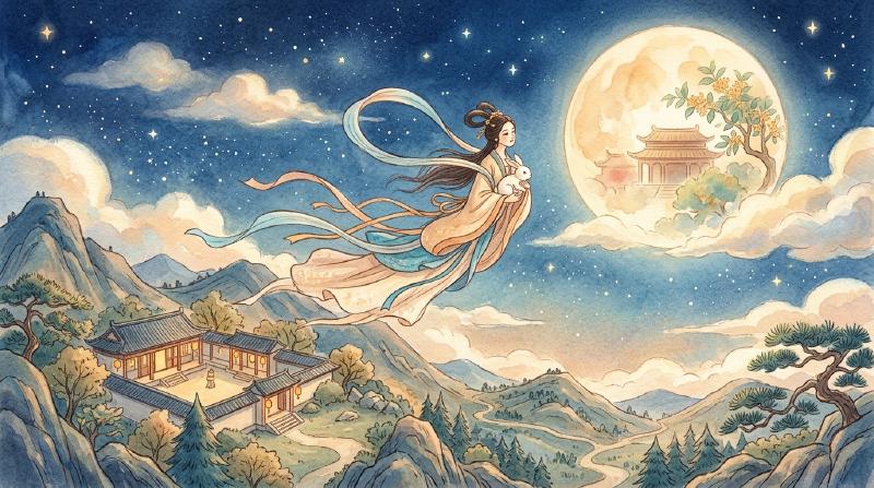 嫦娥抱着玉兔飞向月宫,长袖与披帛在星空中拉出优雅的弧线