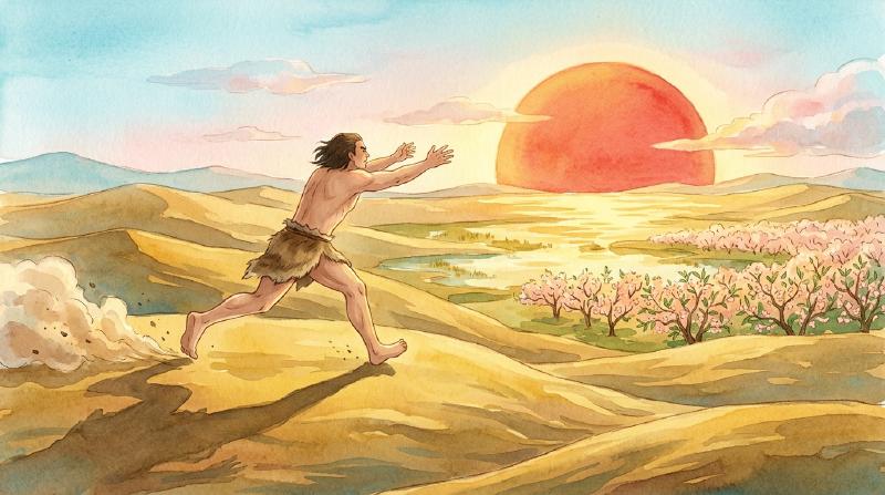 巨人夸父在辽阔大地上奔跑追逐天边的落日,影子拉成一道长龙