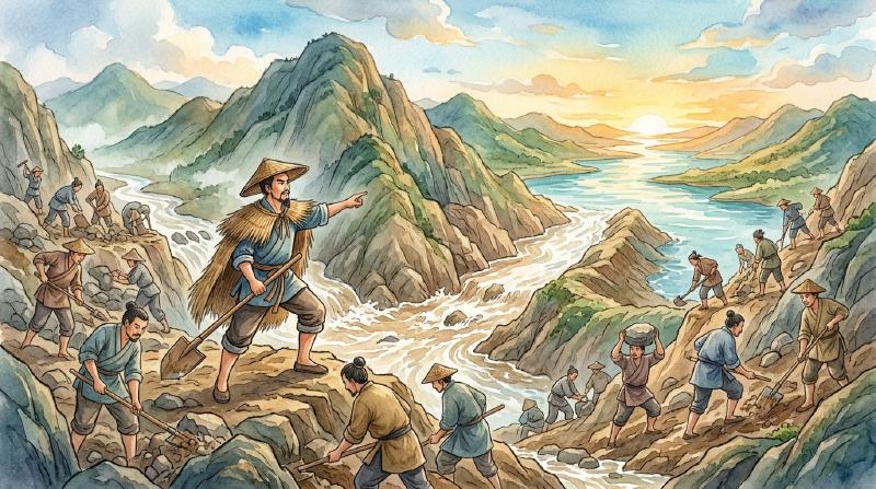 大禹头戴斗笠身披蓑衣,带领百姓劈开山口疏导洪水,天空放晴