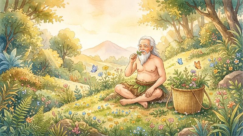 神农坐在开满野花的山坡上品尝草药,身边竹篓插满各色药草