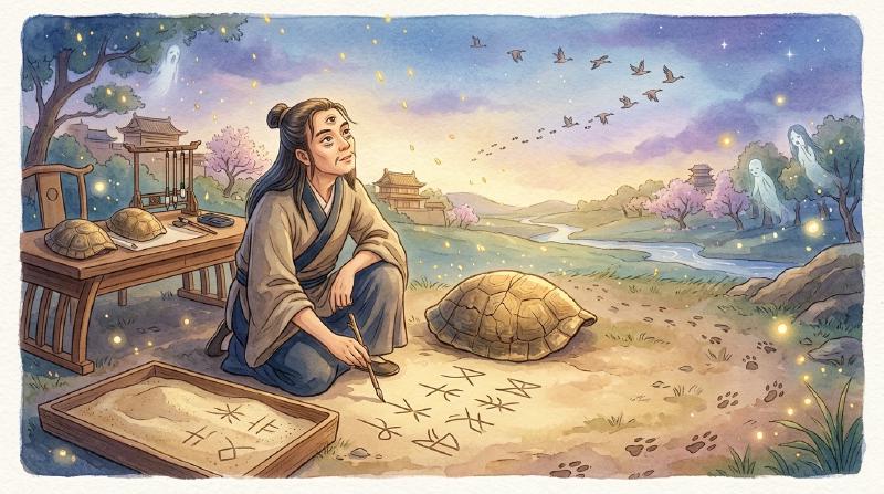 仓颉蹲在沙盘前刻画抽象符号，抬头观察鸟迹兽印，天空飘落金色光点