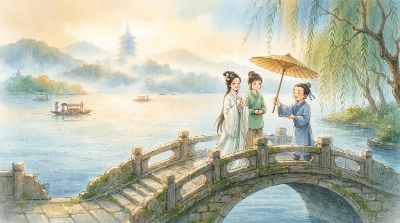 烟雨朦胧的西湖断桥上，书生把油纸伞递向白娘子与小青
