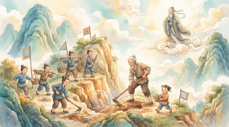 愚公带着子孙和邻家幼童挥锄挖山,天上的仙人驾云俯瞰