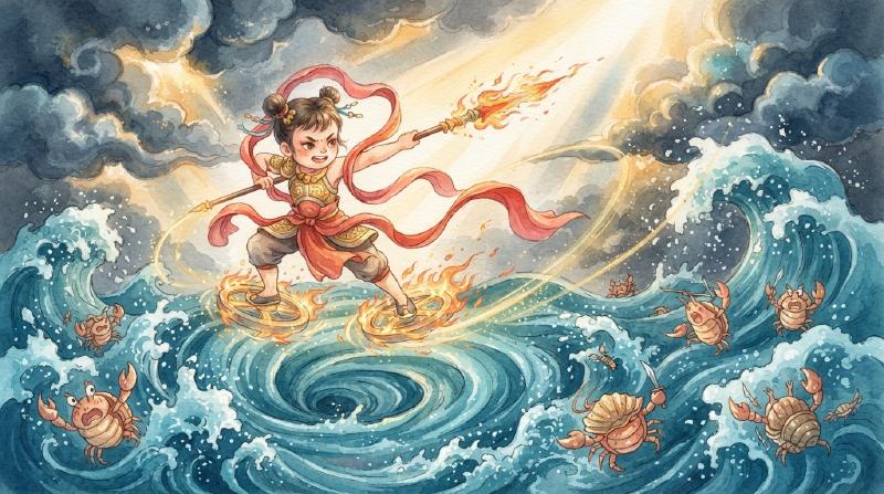 脚踏风火轮的少年哪吒手举火尖枪,踏浪站在翻卷的海面上