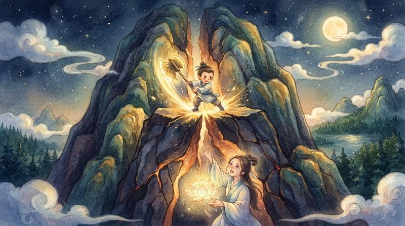 少年沉香高举发光的神斧,华山被劈开裂缝,宝莲灯的柔光从裂缝深处透出