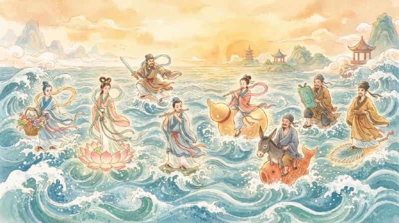 八位仙人各踏宝物——葫芦、芭蕉扇、纸驴、宝剑、莲花、花篮、玉箫、玉板——渡过大海