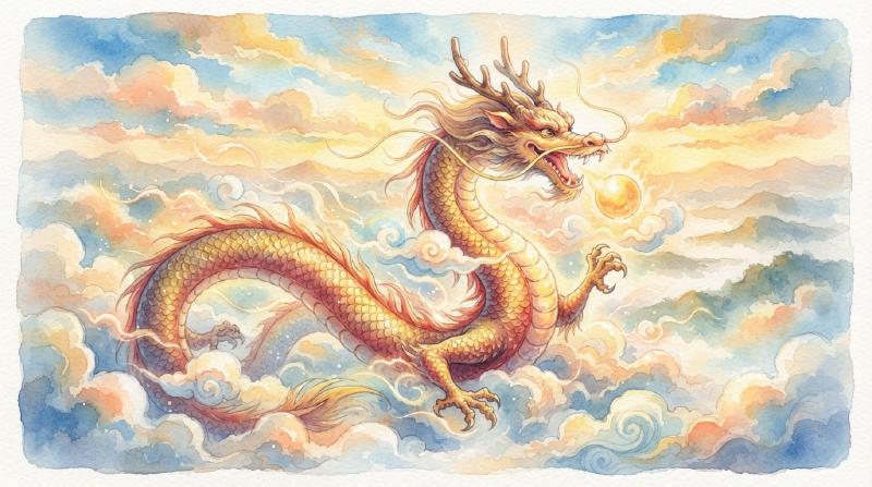 一条金红色的中国龙盘旋于云海之间，口中吐出发光的龙珠