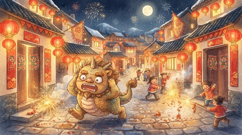 憨态可掬的年兽捂着耳朵连连后退,村庄里红灯高挂、爆竹炸开金色火花