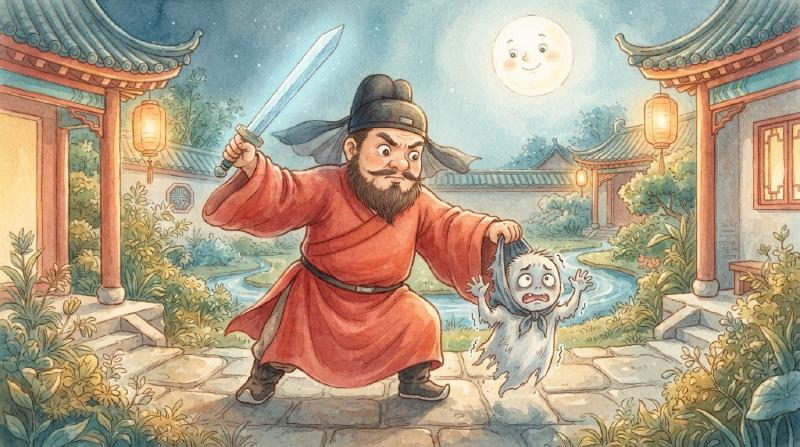 红袍乌纱的钟馗手持宝剑,一把揪住瑟瑟发抖的小鬼