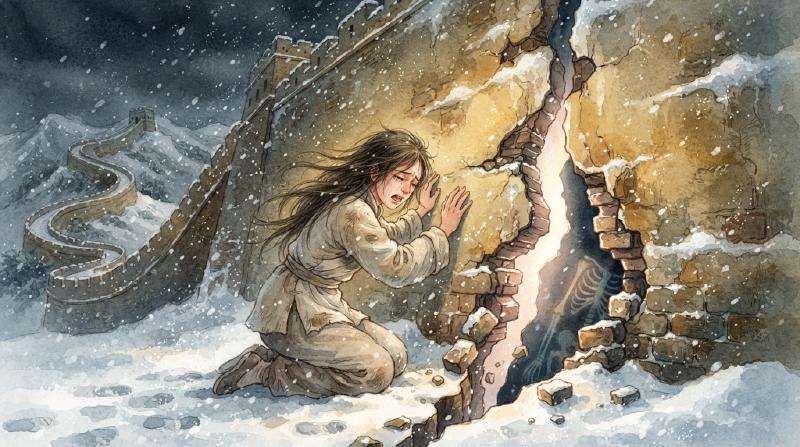 风雪中孟姜女跪坐城下痛哭,长城从底部裂开深深的裂缝