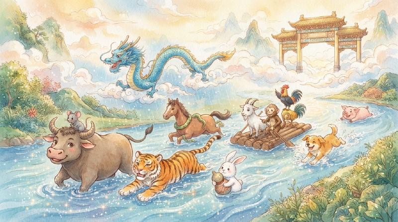 十二只动物各显神通渡河,老牛驮鼠领先,巨龙腾云,对岸云中金色牌楼